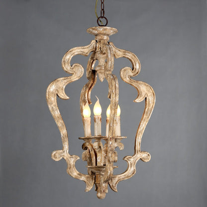 Rustic farmhouse 4-light wooden pendant chandelier with an open quatrefoil frame and weathered finish.
