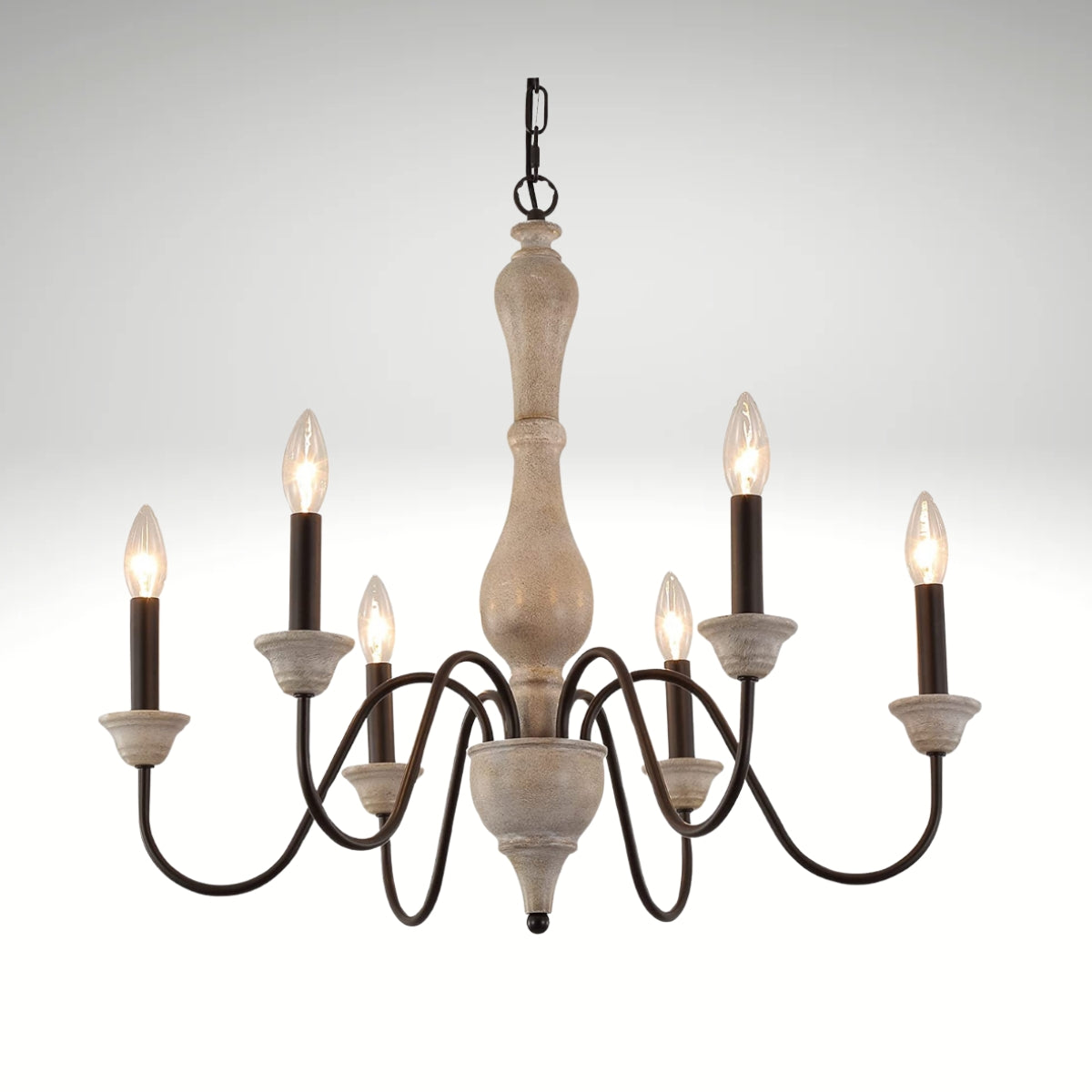 French country wooden chandelier with six glowing candle lights, distressed finish, and antique design