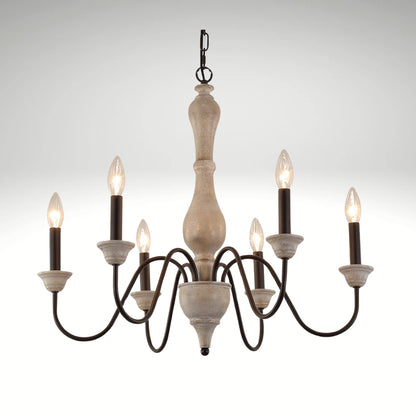 French country wooden chandelier with six glowing candle lights, distressed finish, and antique design