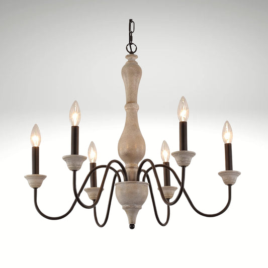 French country wooden chandelier with six glowing candle lights, distressed finish, and antique design