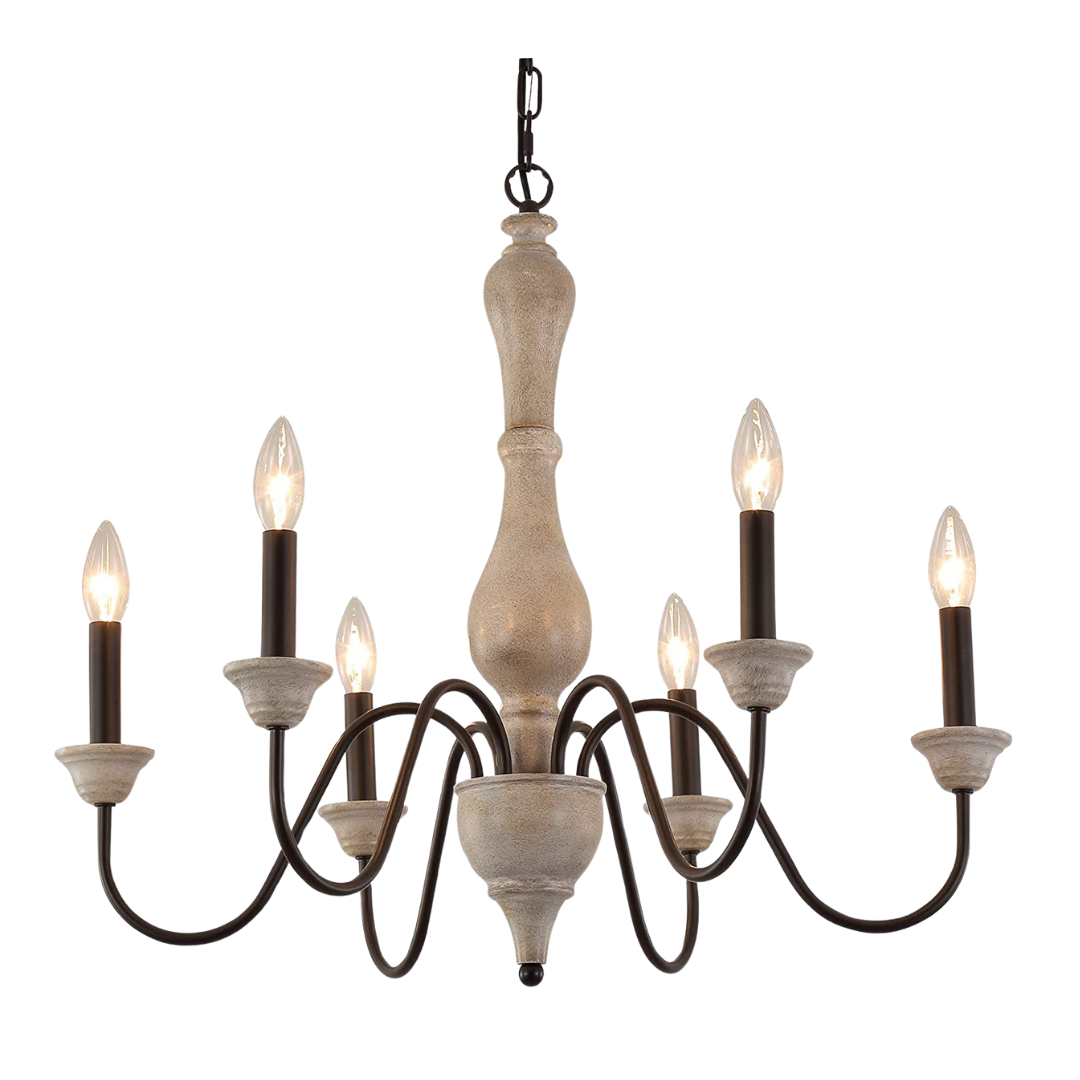 French country wooden chandelier with six glowing candle lights, distressed finish, and antique design
