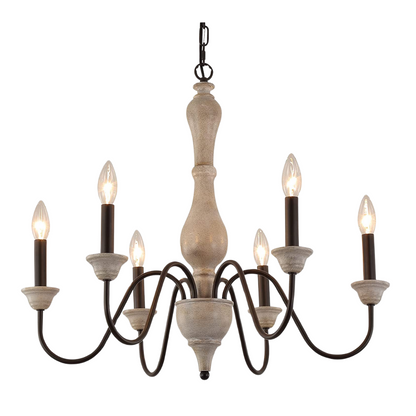 French country wooden chandelier with six glowing candle lights, distressed finish, and antique design