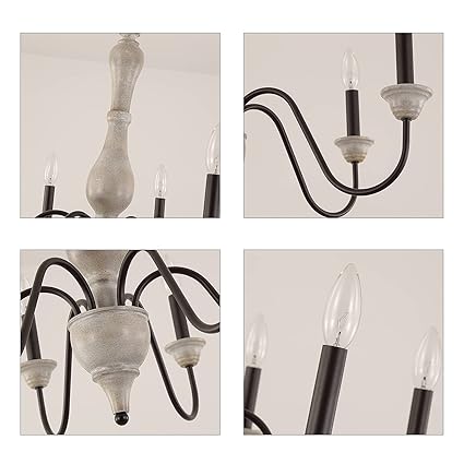 French country wooden chandelier with six glowing candle lights, distressed finish, and antique design