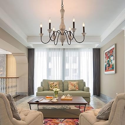French country wooden chandelier with six glowing candle lights, distressed finish, and antique design