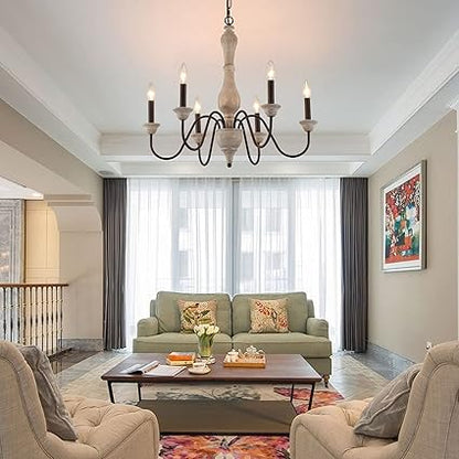 French country wooden chandelier with six glowing candle lights, distressed finish, and antique design
