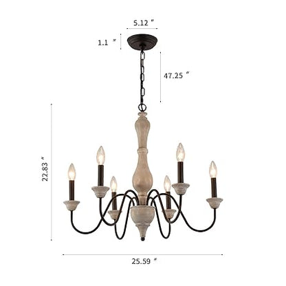 French country wooden chandelier with six glowing candle lights, distressed finish, and antique design