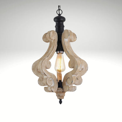 Distressed rustic wood scroll pendant light fixture with a warm vintage Edison bulb.