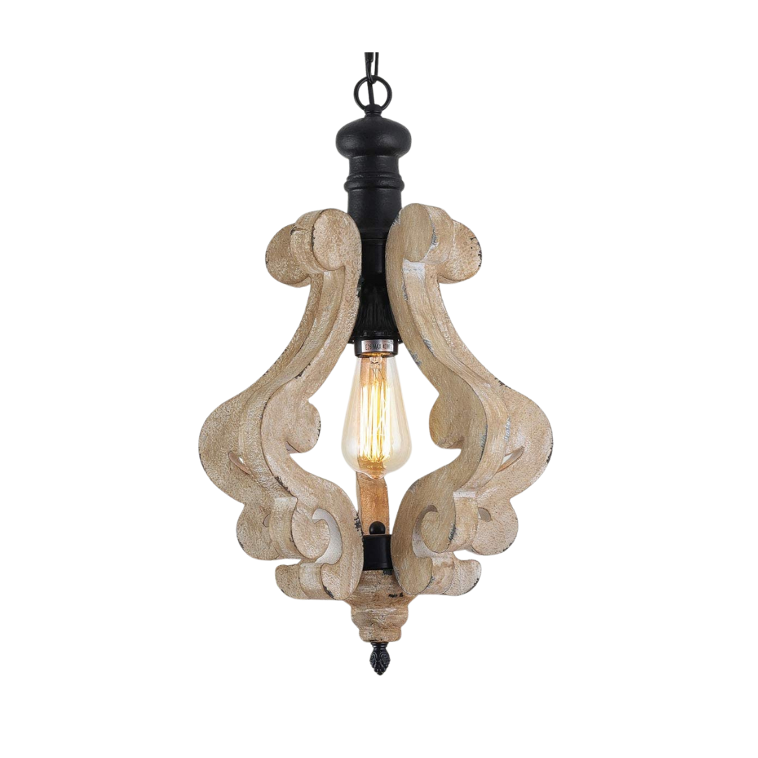 Distressed rustic wood scroll pendant light fixture with a warm vintage Edison bulb.