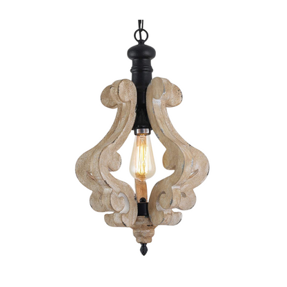 Distressed rustic wood scroll pendant light fixture with a warm vintage Edison bulb.