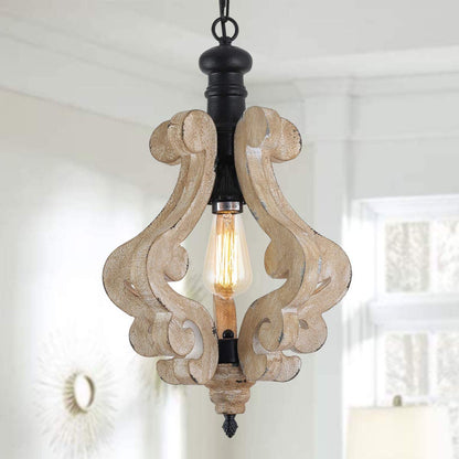 Distressed rustic wood scroll pendant light fixture with a warm vintage Edison bulb.