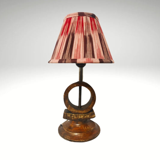 Handmade vintage wooden table lamp with an earthy wicker woven lampshade