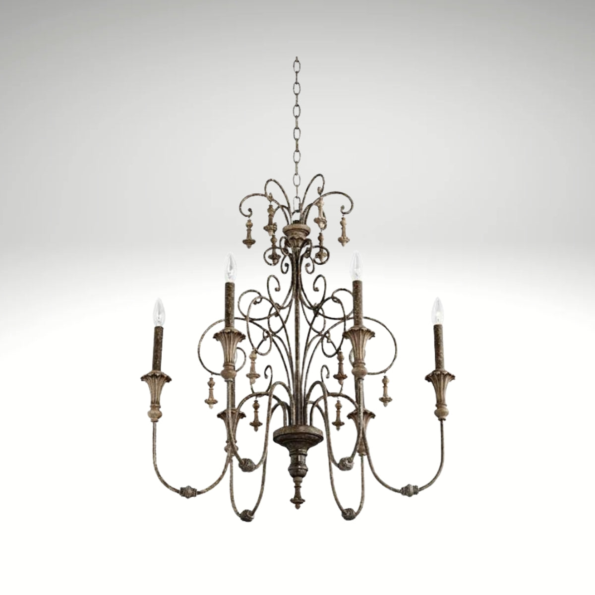 Vintage style iron chandelier featuring candle-style bulbs.