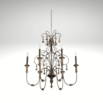 Vintage style iron chandelier featuring candle-style bulbs.
