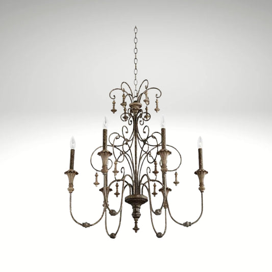 Vintage style iron chandelier featuring candle-style bulbs.