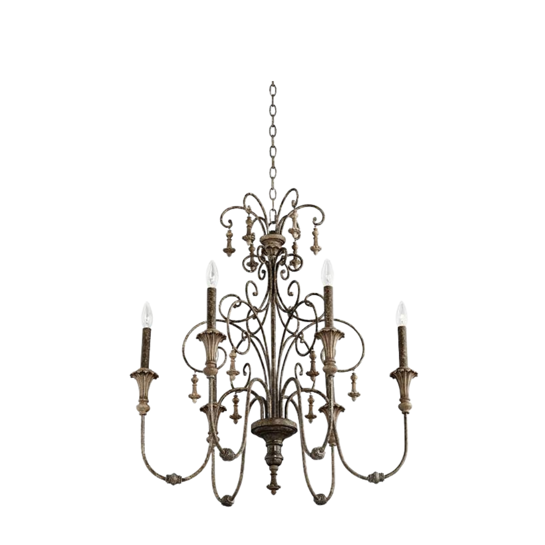 Vintage style iron chandelier featuring candle-style bulbs.