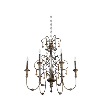 Vintage style iron chandelier featuring candle-style bulbs.