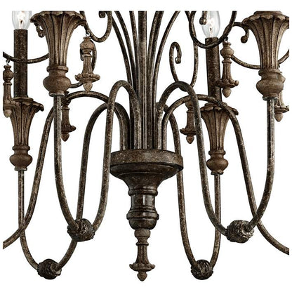 Vintage style iron chandelier featuring candle-style bulbs.