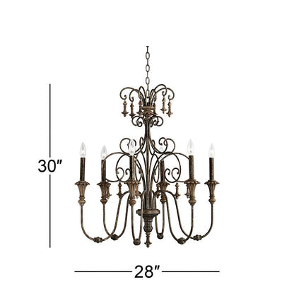 Vintage style iron chandelier featuring candle-style bulbs.