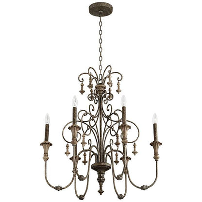 Vintage style iron chandelier featuring candle-style bulbs.