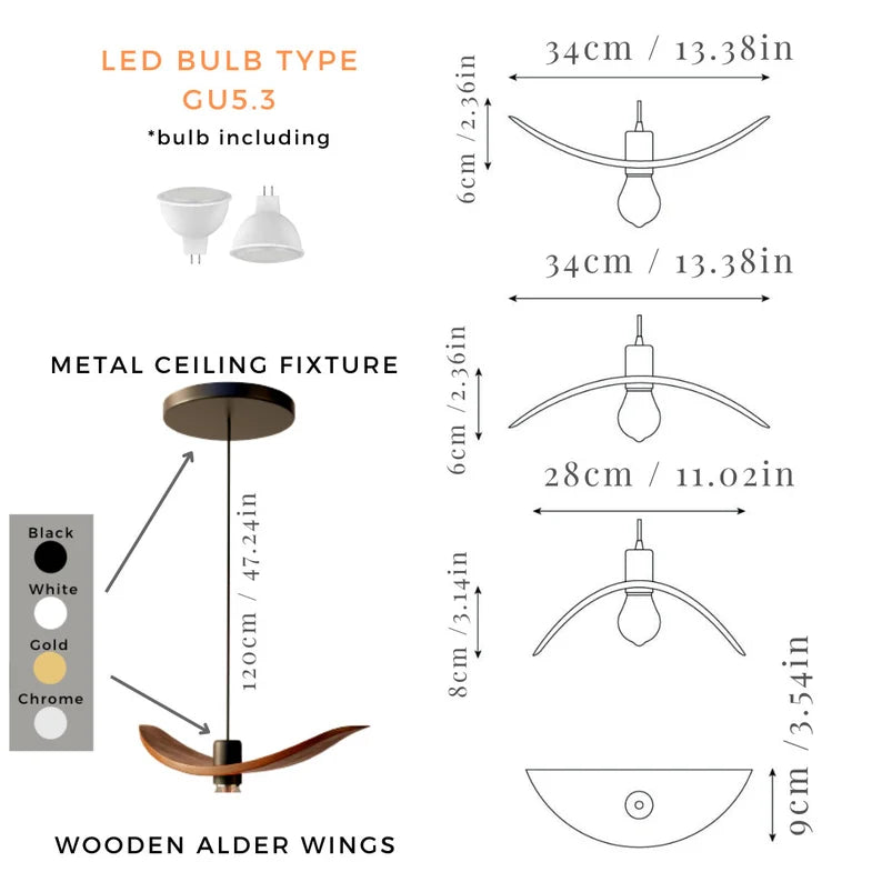 Minimalist Scandinavian ceiling chandelier featuring four bird-wing-shaped natural wood shades dangling at adjustable heights.