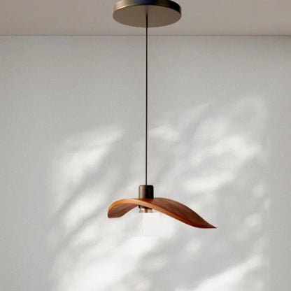 Minimalist Scandinavian ceiling chandelier featuring four bird-wing-shaped natural wood shades dangling at adjustable heights.