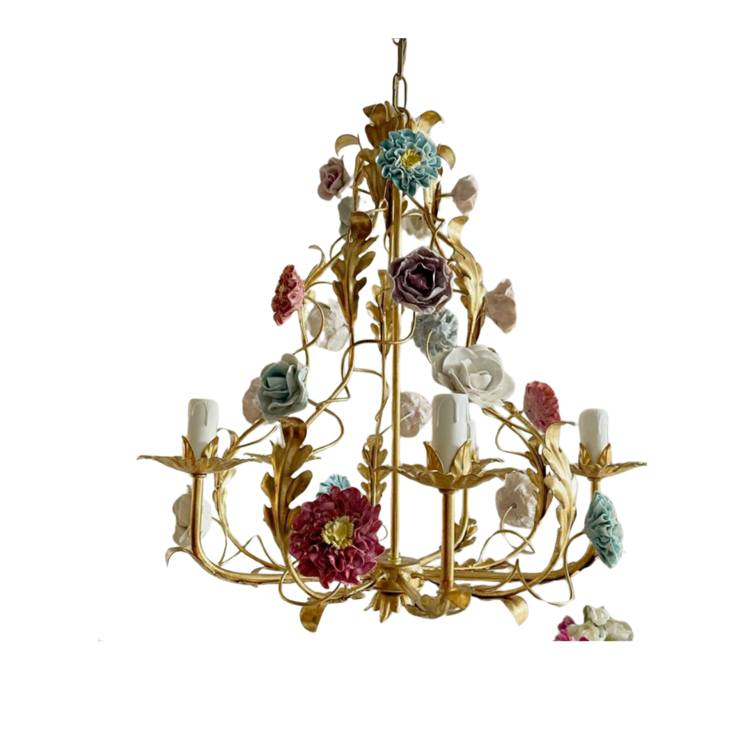 Shabby chic floral chandelier featuring porcelain roses and gold branching arms.