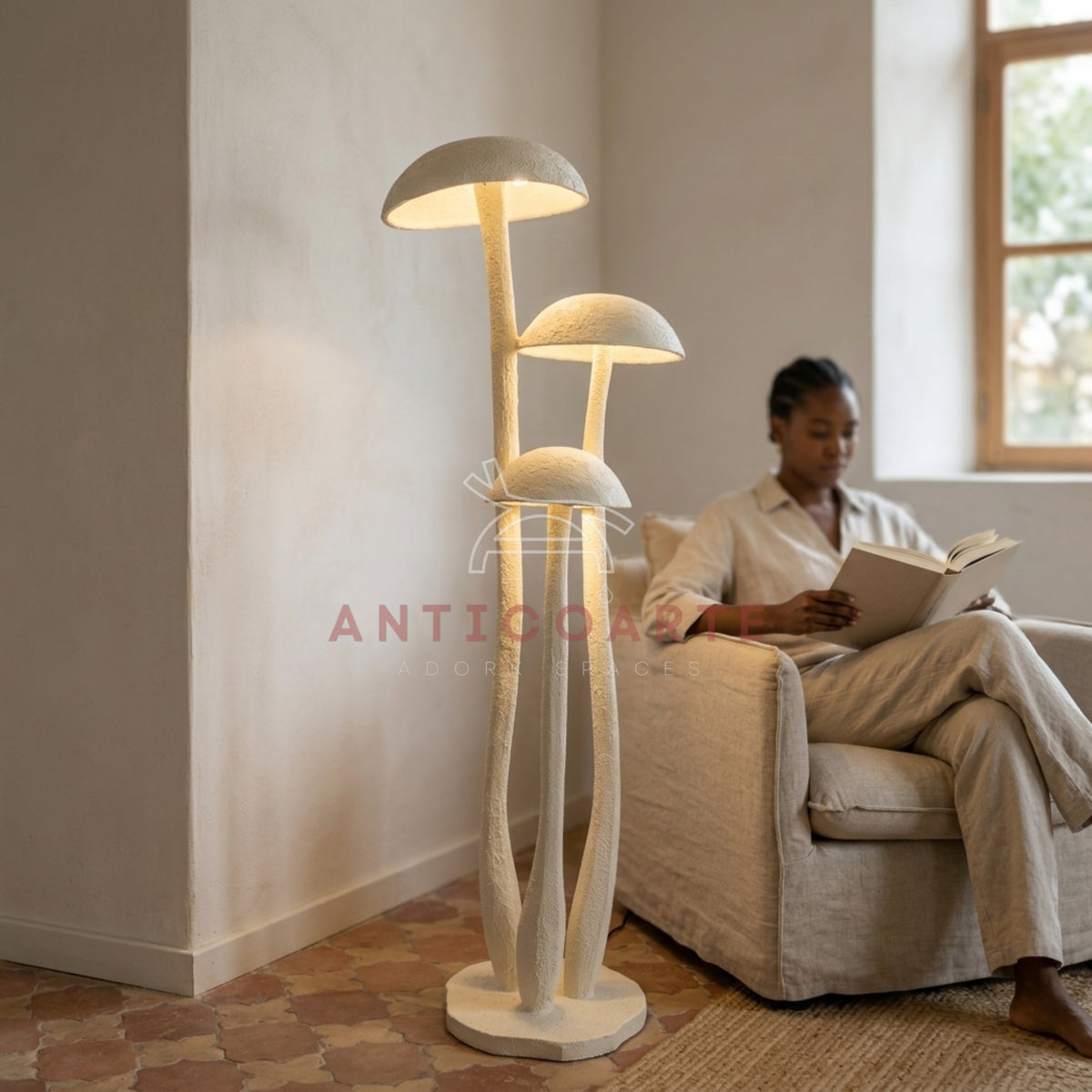 Elegant white mushroom floor lamp with a textured plaster finish and organic, curved stems.