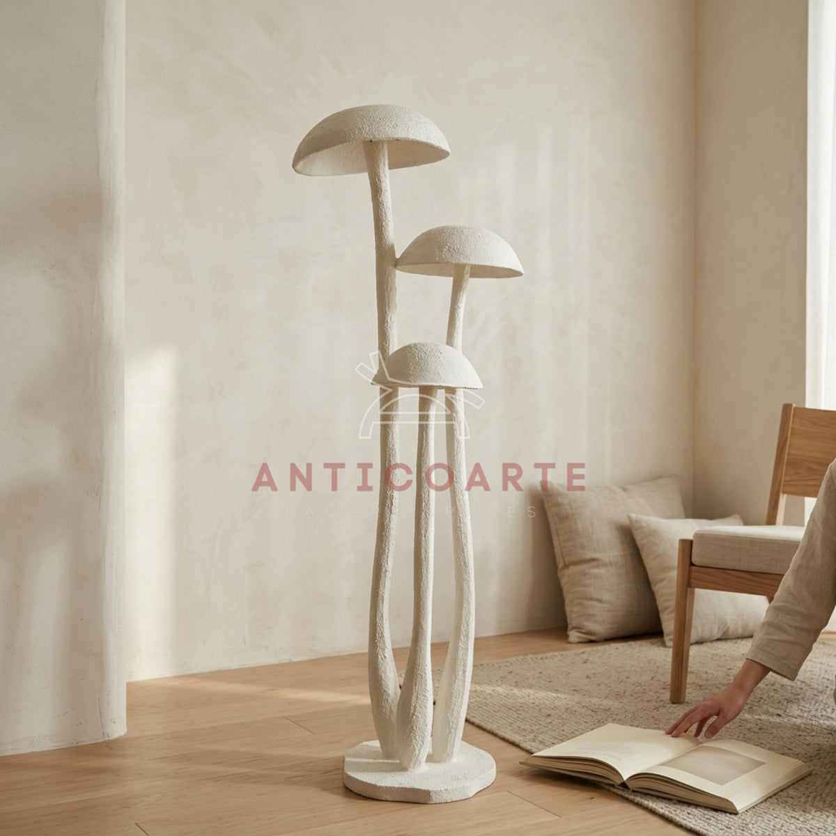 Elegant white mushroom floor lamp with a textured plaster finish and organic, curved stems.