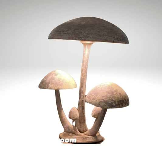 A rustic wooden floor lamp featuring a cluster of five organically tiered mushrooms with a textured brown finish.
