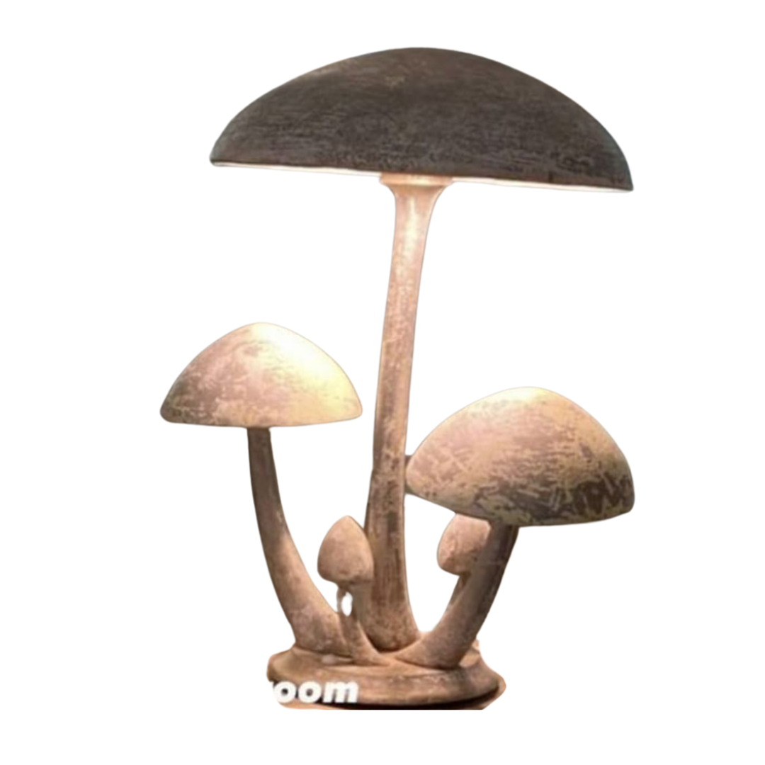 A rustic wooden floor lamp featuring a cluster of five organically tiered mushrooms with a textured brown finish.