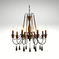 Antique candle-style farmhouse chandelier featuring dark wood finishes and bead strands.