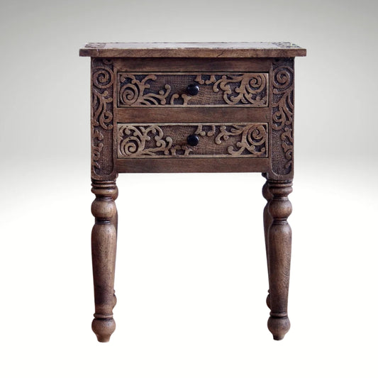 Traditional brown wooden side table featuring intricate floral carvings on two drawers.
