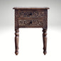 Traditional brown wooden side table featuring intricate floral carvings on two drawers.