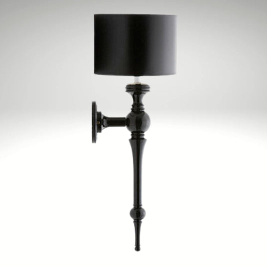 • Glossy Black Turned-Wood Style Wall Light with Black Fabric Shade

