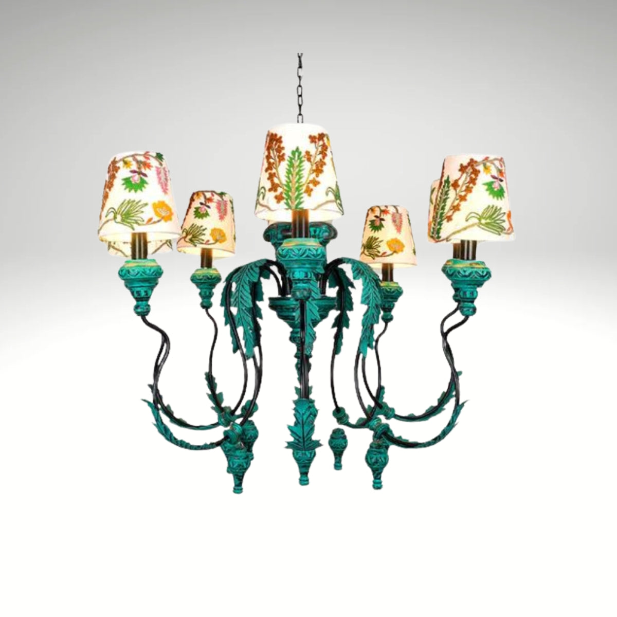 Vintage green 5-light chandelier with floral embroidered fabric shades.