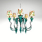 Vintage green 5-light chandelier with floral embroidered fabric shades.
