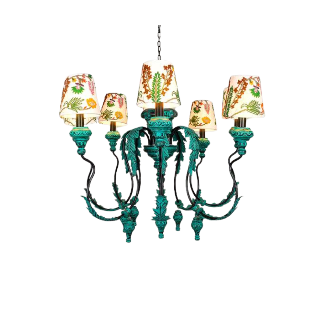 Vintage green 5-light chandelier with floral embroidered fabric shades.