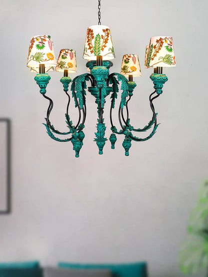 Vintage green 5-light chandelier with floral embroidered fabric shades.