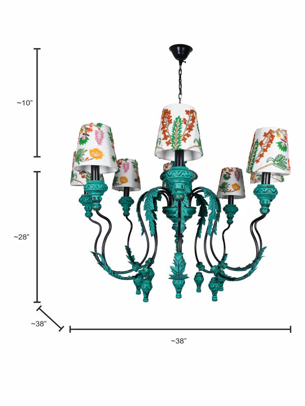 Vintage green 5-light chandelier with floral embroidered fabric shades.