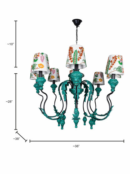 Vintage green 5-light chandelier with floral embroidered fabric shades.