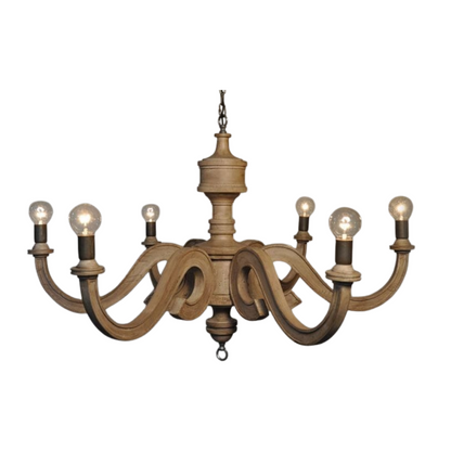 Rustic 6-light wooden farmhouse chandelier with candle-style bulbs