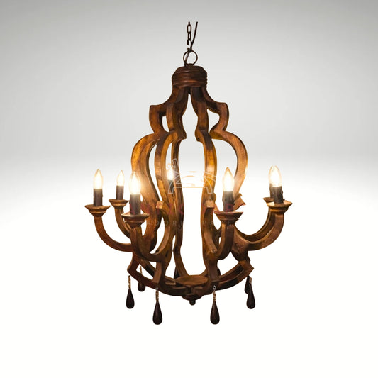 A rustic dark wooden chandelier 