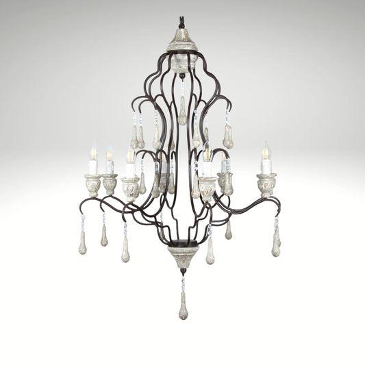 Vintage 8-light wrought iron and distressed white wood chandelier with decorative crystal drops