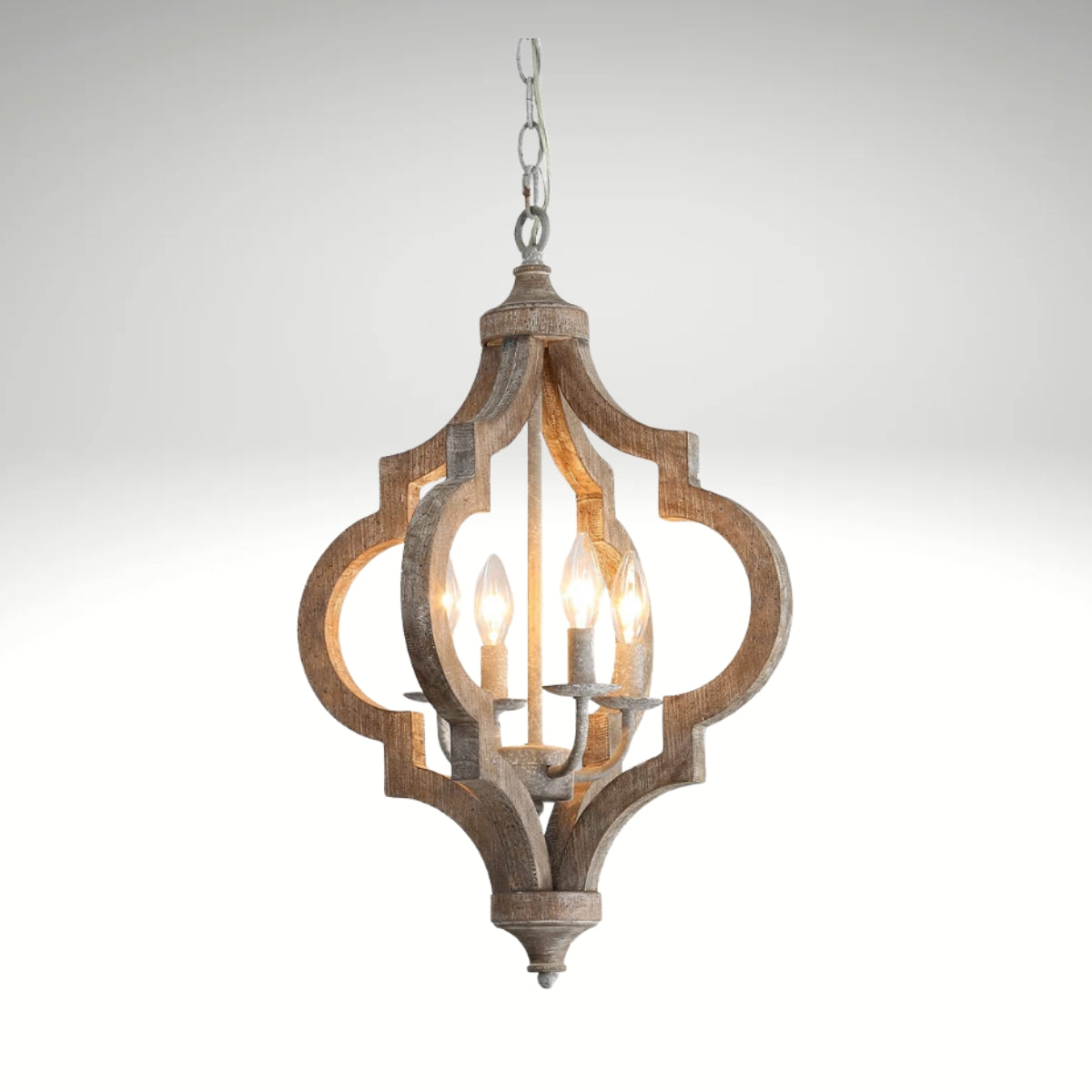 A 4-light rustic wooden chandelier with a distressed finish and a vintage