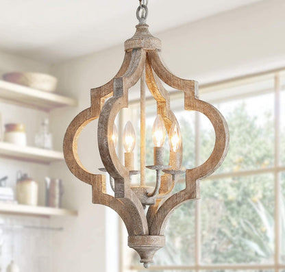 A 4-light rustic wooden chandelier with a distressed finish and a vintage