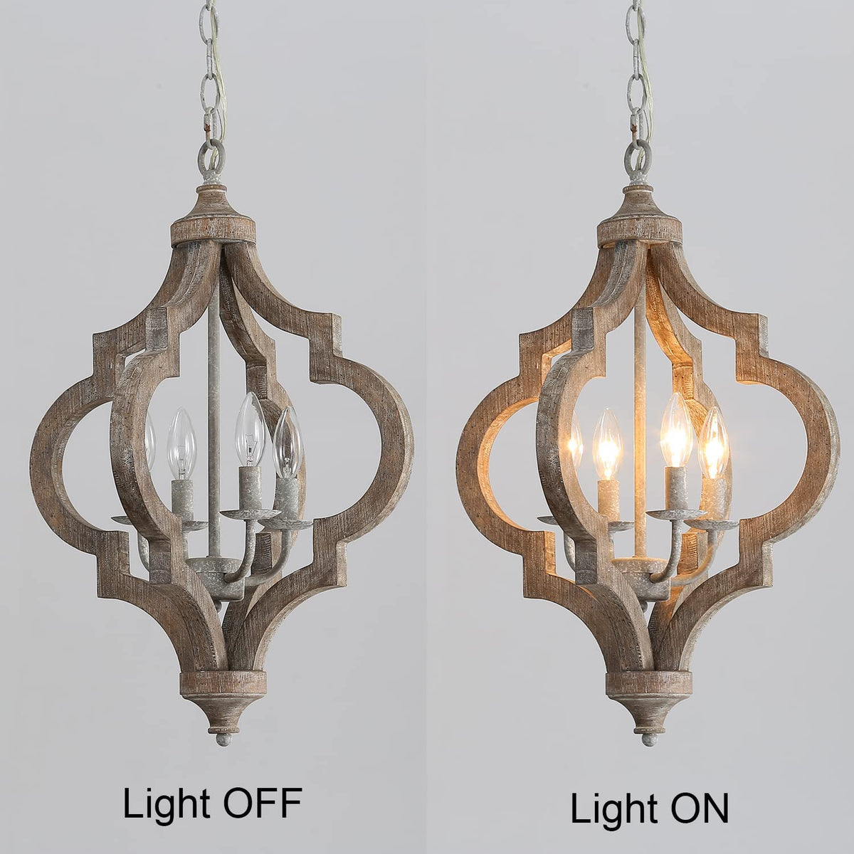 A 4-light rustic wooden chandelier with a distressed finish and a vintage