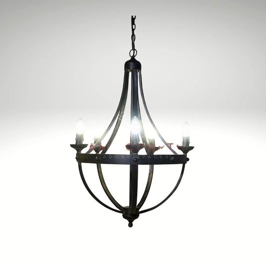 Antique black iron orb chandelier with lit candle bulbs