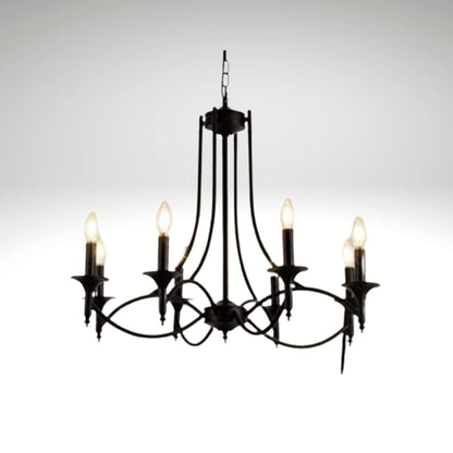 Elegant black wrought iron candelabra chandelier with six glowing bulb lights hanging from a chain against