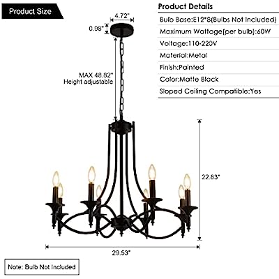 Elegant black wrought iron candelabra chandelier with six glowing bulb lights hanging from a chain against