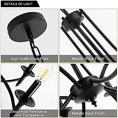 Elegant black wrought iron candelabra chandelier with six glowing bulb lights hanging from a chain against